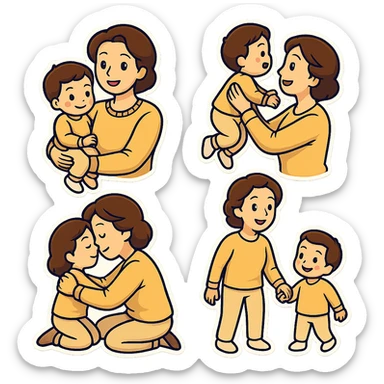 A happy mother with a child in beige clothes in different poses, sticker style sticker