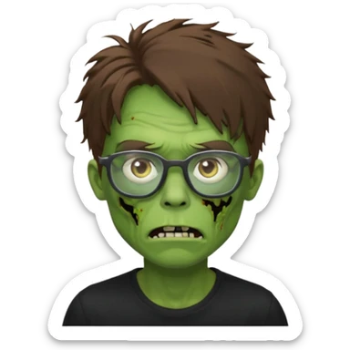 Green zombie, brown messy hair covering the forehead, black glasses, black shirt. iOS style. sticker