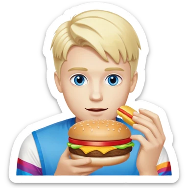Young blonde man with white skin and blue eyes from LGBT community eating McDonald's hamburger, pride flag colors sticker