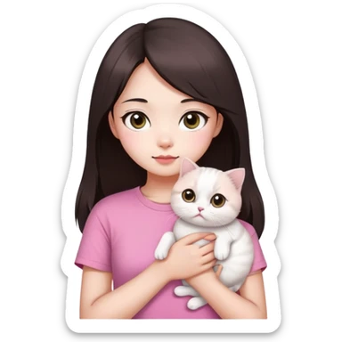 This Chinese girl's got fair skin and big black eyes. She's got long dark brown hair and she's wearing a pink t-shirt. She's holding a white Scottish Fold cat. sticker