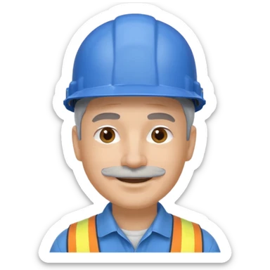 A man emoji with light skin, wearing a blue construction helmet, short gray hair on the sides, straight eyebrows, brown eyes, a small nose, and a thin short straight gray mustache above his smiling mouth. sticker