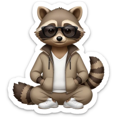 friendly anthropomorphised raccoon in sports wear, wearing dark sunglasses, relaxed pose, mafia style sticker