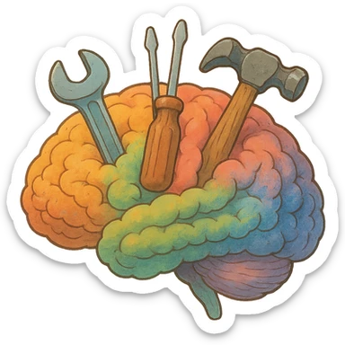 ghibli style colorful brain with tools inside sticker