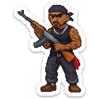 Make the person look like a gang member with visible tattoos and a tough expression, same pixel art style, no background. Please create in pixel art style. sticker