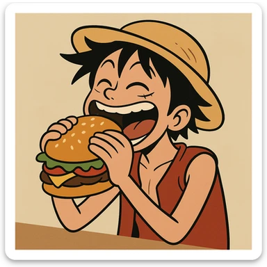 Luffy enjoying a big burger, cartoon style, fun and expressive sticker