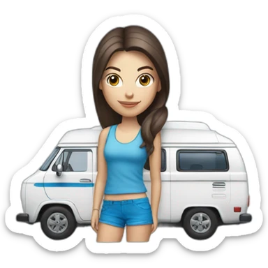 Hip white blue-eyed brunette woman with a sporty camper van sticker