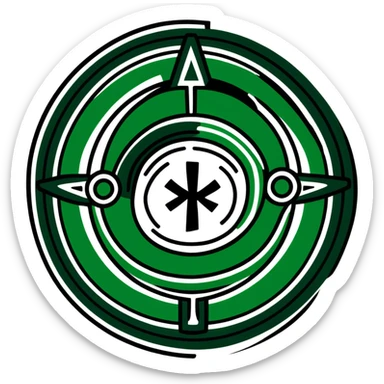 Minimalist ancient Maya symbol with clean lines, predominantly white with deep green and black accents, inspired by sacred geometry sticker