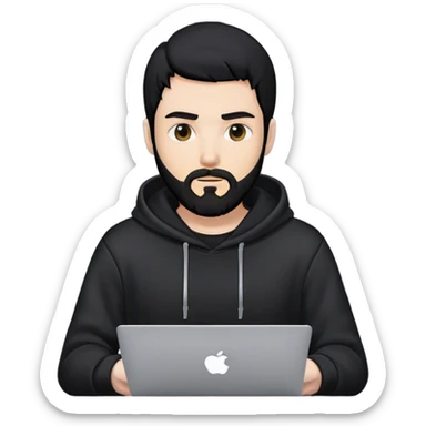 hackeur blanc cheveux noir barbe et capuche noir avec un macbook sticker