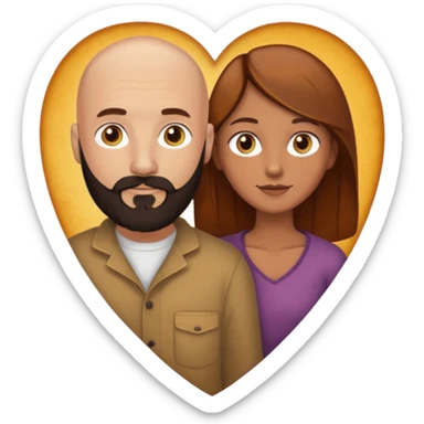 Couple. Bald man with dark brown-black beard. Woman with many small, faded freckles, white skin and she has auburn-yellow-brown-caramel-cinnamon dark hair. She has light yellow-brown eyes. The man have hazel eyes. They are inside a big heart. sticker