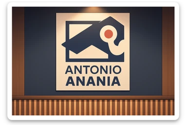 su questo stile fai un manga/webtoon a colori in cui mostri quella parete dietro dello studio con il suo logo e la scritta "ANTONIO ANANIA" SOTTO IL LOGO, LUCE CHE ILLUMINA IL LOGO sticker