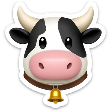 a head of a cute cow with a collar and a golden bell sticker