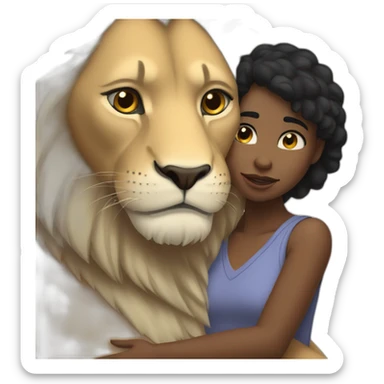White skin black short hair girl hugged by big lion sticker