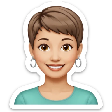 woman in her 50s, pixie cut brown hair, wearing hoop earrings, smiling sticker