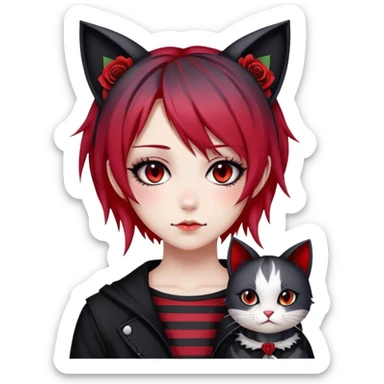 Bloody black rose anime gothic emo  beautiful gorgeous cool edgy cute lady with cat ears, gradient black-and-red-striped hair, tomboy style sticker