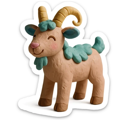 playful goat with curved horns, soft pastel colors, hand-molded details, claymation style sticker