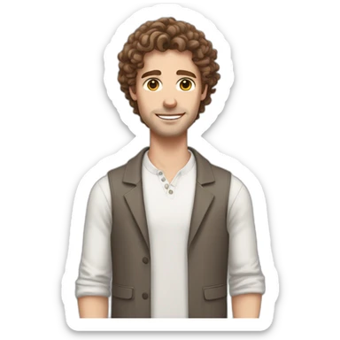 White man with brown curly hair, brown eyes, thick eyebrows, sharp jawline, bigger nose holding white and grey Ragdoll cat sticker