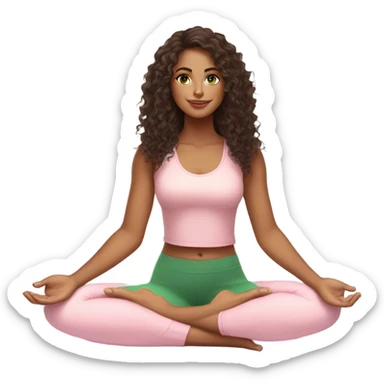 Dark brown long curly hair and green eyes yoga beautiful young woman in light pink pink pink clothes sitting on a yoga mat sticker