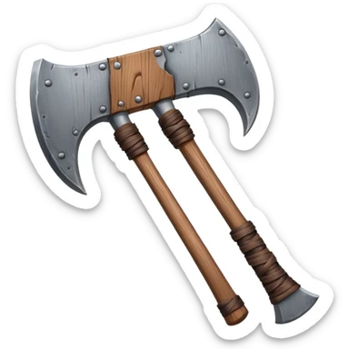 barbarian axe object icon, huge double-bladed axe, rough metal, wooden handle, leather wraps, fantasy style, 3D cartoon, mobile game icon style, centered, clean background, soft shadow, no text, no watermark
 sticker
