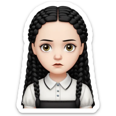 Draw Wednesday Addams with pale skin, black braids, white-collared dress & serious expression. sticker