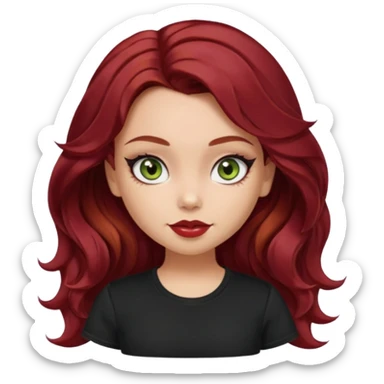 a pretty fair bratz girl with wavy dark red hair, wearing a black tee. eyeliner on, olive green eyes. Waist up sticker