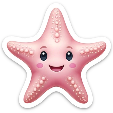 Cinematic cute round starfish, pastel pink, soft bumpy texture, tiny happy face, slightly tilted, glowing warmly, sparkling with gentle ocean magic. sticker