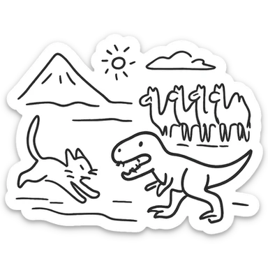 A white cat chasing a T-Rex in the desert with a herd of camels staring at them sticker
