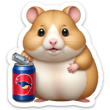 Funny cartoon-style fat hamster wide eyed with a can of redbull sticker