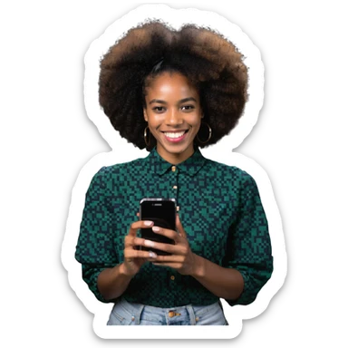 Afro-Caribbean woman smiling, holding iPhone, recording sticker