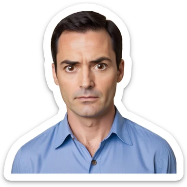 Man in his 40s with wide square face, marked jawline, full cheeks, looking incredulous with raised eyebrows, skeptical expression, medium dark brown eyes widened in disbelief, thick natural eyebrows, wide nose, mouth in a doubting smirk, short neat dark hair, wearing a blue button-up shirt sticker