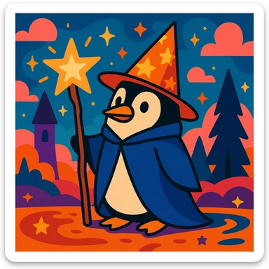 a penguin dressed as a wizard, wearing a pointed hat and holding a magic staff, in a magical setting, vibrant and whimsical style sticker