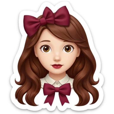 girl wavy long hair brown hair with a burgundy bow sticker