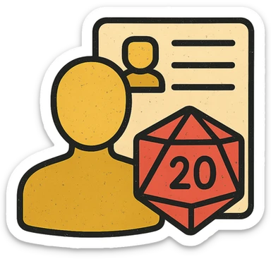 minimalist icon representing Player for DnD TTRPGs with silhouette, D20 dice, or character sheet, worn and distressed look sticker