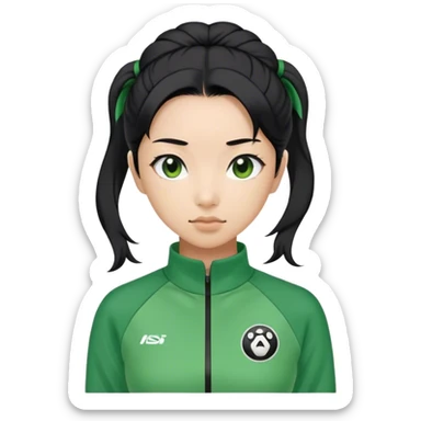 Cha: Age Late 40s
a Asian woman with black hair tie, Green player tracksuit sticker