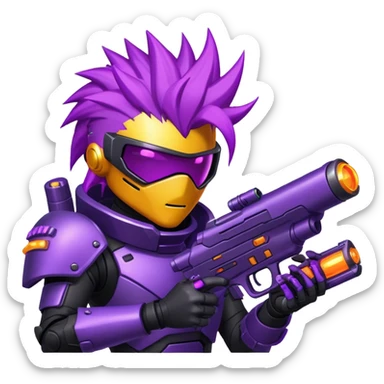 A space bounty hunter with spiky purple hair, black armored suit, and a glowing plasma gun. sticker