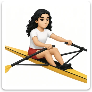 Altındaki tekneyi olimpik kürek sporu için uygun, uzun ve ince yarış teknesi olarak değiştir. Kız siyah uzun dalgalı saçlı, beyaz tenli, kırmızı şort ve beyaz kısa kollu tişörtle olimpik kürek sporu yapıyor sticker