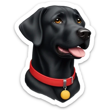 elderly black labrador with jowls wearing a red collar that has nothing else on it. sticker