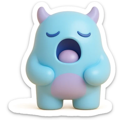 sleepy monster with half-closed eyes yawning, soft blue and lavender colors, toy-like vinyl figure style sticker
