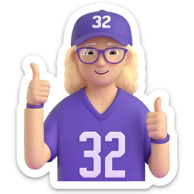 Man with black and white cap, purple sports jersey with number 32, clear glasses, messy light blond mullet hairstyle, thumbs up, content expression sticker