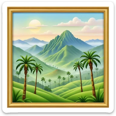 Cinematic Realistic Cocora Valley Landmark Emoji, featuring towering wax palm trees swaying in the misty green valley, with rolling hills and distant mountain peaks bathed in warm morning light. sticker