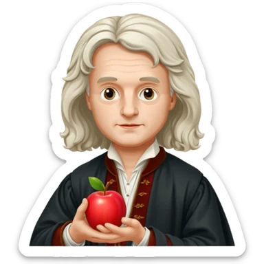 Isaac Newton wearing 17th-century aristocratic attire, hold an apple sticker