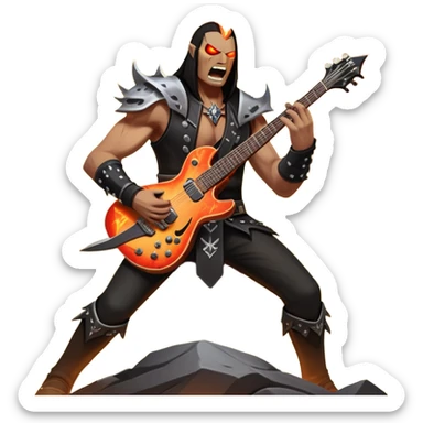 An icon showing a rock musician wielding a guitar in an epic battle, inspired by Brutal Legend. The design features fiery backgrounds, musical notes floating in the air, and electrifying stage lights, capturing the power of music and combat. Transparent background highlights the energy. sticker