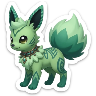 Rare epic greenish exotic cute epic aesthetic gothic colorful Salandit-Eevee-Civet-species-Fakemon-hybrid-creature, with a collar, and with intricate tribal markings, full body sticker