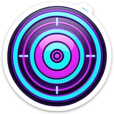 Futuristic glowing bullseye target emoji, neon purple and cyan holographic glow, dark background, digital tech style, abstract sparkles, no face. sticker