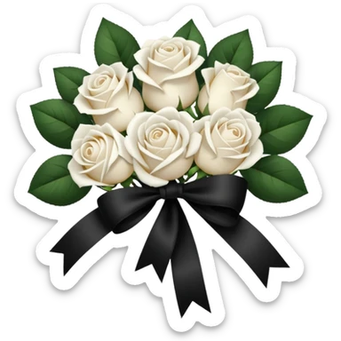 a bunch of white roses tied with a black velvet ribbon sticker