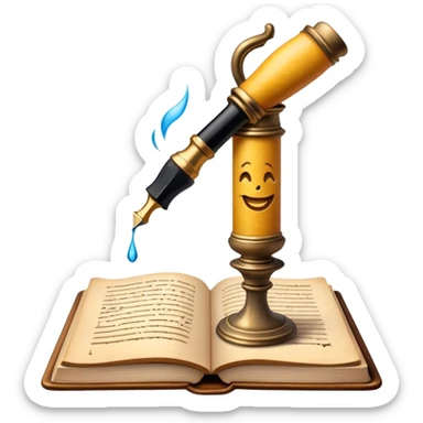 Create a vibrant emoji representing prose writing with an old-style, antique look. The design should include semi-turned pages of an old book with unfinished prose written on them. Add a vintage ink inkwell and a classic fountain pen or quill with black ink. The overall style should evoke a sense of timeless storytelling and literary craftsmanship. Make the background transparent. sticker
