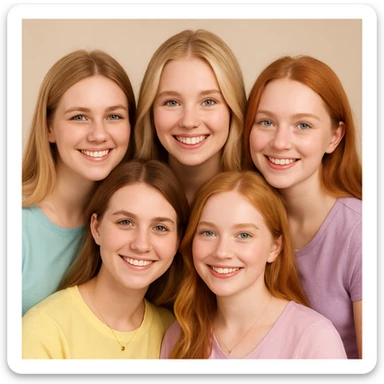 A group of five smiling girls together in a friendly pose, each with unique pastel tops and light gold jewelry. Girl 1 has long straight-wavy light golden-yellow blonde hair, light hazel eyes, pale peach skin, pastel aqua-blue top. Girl 2 has medium-short dark blonde or light brown hair, dark blue eyes, pale peachy-pink skin, pastel banana-yellow top. Girl 3 has long wavy light golden platinum blonde hair, light blue eyes, pale peachy-pink skin, pastel pink top. Girl 4 has long soft strawberry-ginger hair, green-blue eyes, pink pale skin, pastel lilac top. Girl 5 has dark golden blonde or light brown hair, dark soft green eyes, pale skin, pastel lime-mint green top. sticker