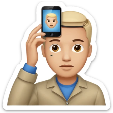 a guy holding a phone horizontally on his forehead like it was a card sticker