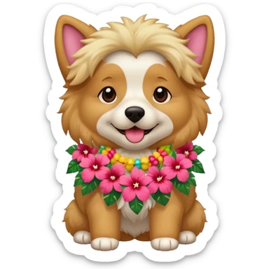 A fluffy dog wearing a bright hibiscus lei, wagging happily. sticker