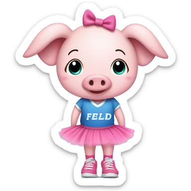 Female pig wearing pink socks with sneakers. She has a tutu on. And a blue shirt that says Field Day sticker