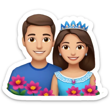 smiling couple: the most handsome young man in the world and the Queen of the Huerta 2024 in Murcia, with huerta background and flowers sticker